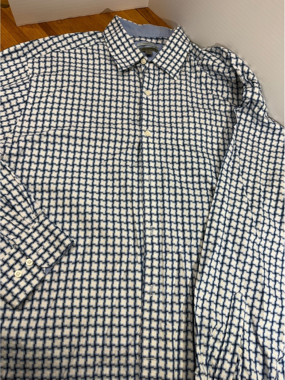 Johnston & Murphy Mens Medium Shirt Long Sleeve Tailored Fit Blue Geometric Grid